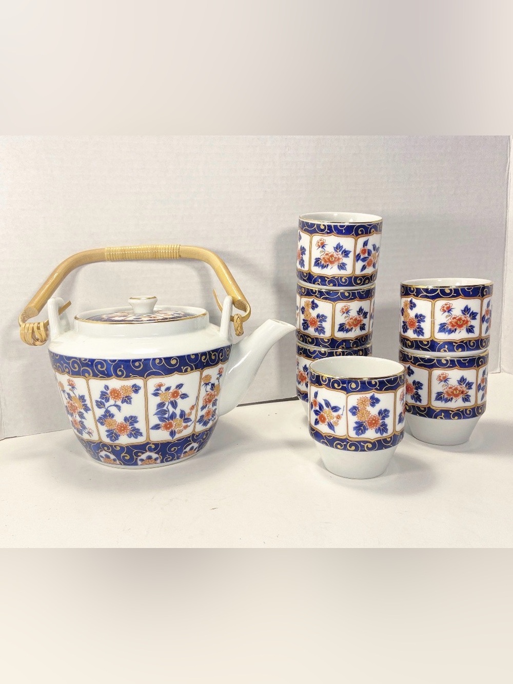 Imari style Tea Set - Vintage Kozan Gama Teapot & 6 Stacking Cups RARE #58/110